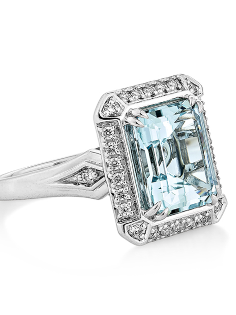 Gran Maxi Anillo Aguamarina Rectangular y Diamantes en Oro Blanco 18K 2