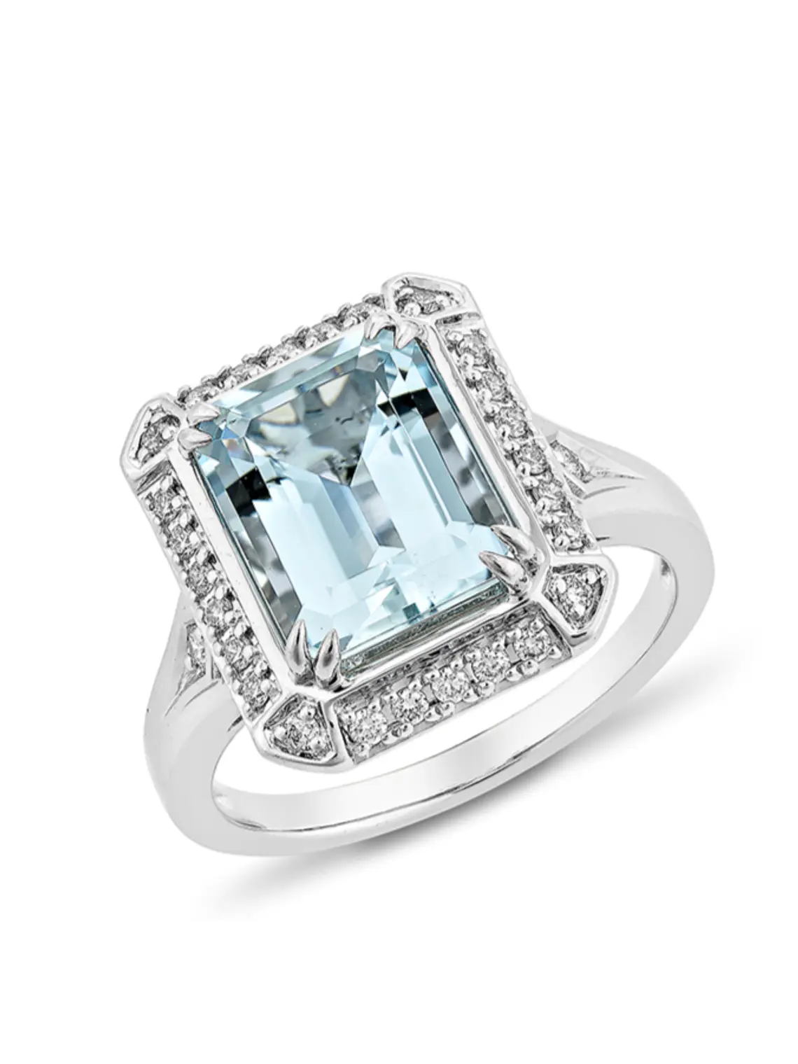 Gran Maxi Anillo Aguamarina Rectangular y Diamantes en Oro Blanco 18K 1