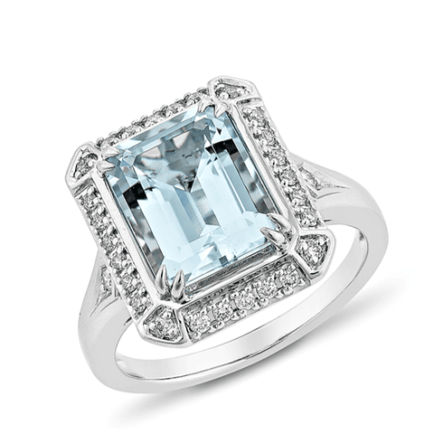 Gran Maxi Anillo Aguamarina Rectangular y Diamantes en Oro Blanco 18K