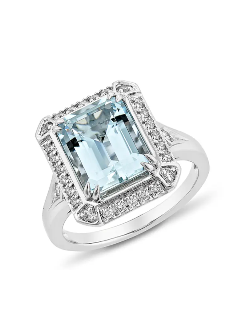 Gran Maxi Anillo Aguamarina Rectangular y Diamantes en Oro Blanco 18K 1
