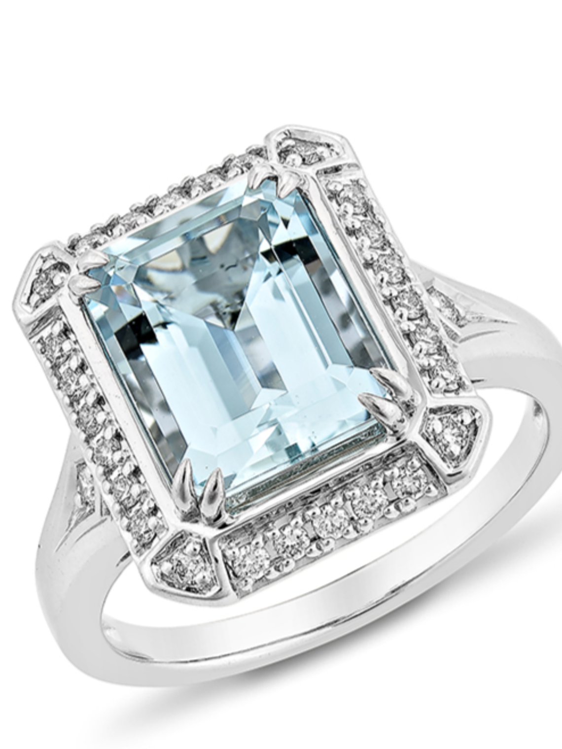 Gran Maxi Anillo Aguamarina Rectangular y Diamantes en Oro Blanco 18K 1