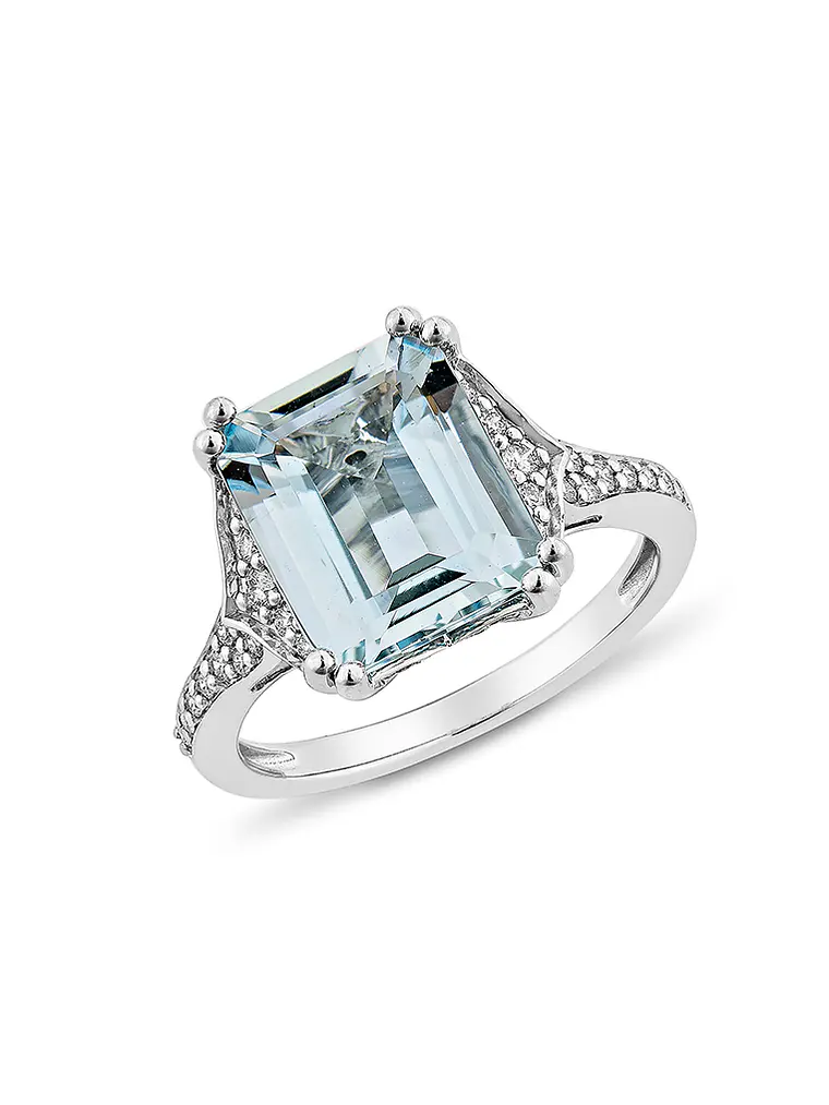 Gran Maxi Anillo Aguamarina Rectangular y Diamantes en Oro Blanco 18K 1