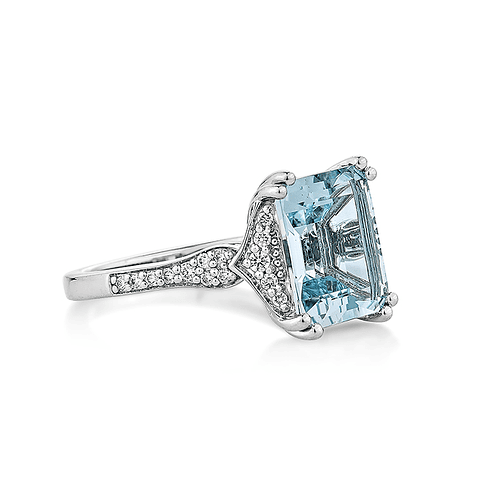 Gran Maxi Anillo Aguamarina Rectangular y Diamantes en Oro Blanco 18K