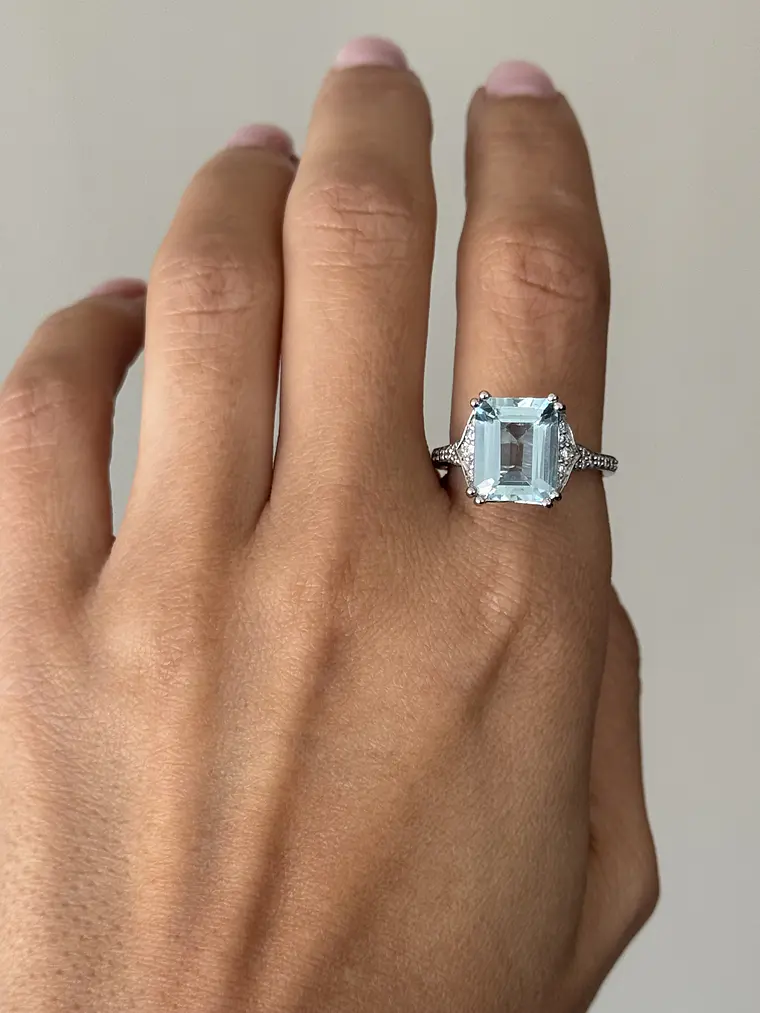Gran Maxi Anillo Aguamarina Rectangular y Diamantes en Oro Blanco 18K 3