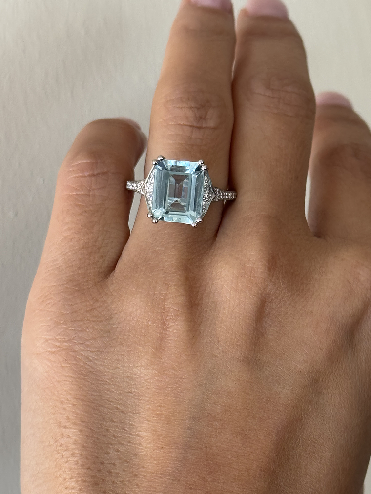Gran Maxi Anillo Aguamarina Rectangular y Diamantes en Oro Blanco 18K 4