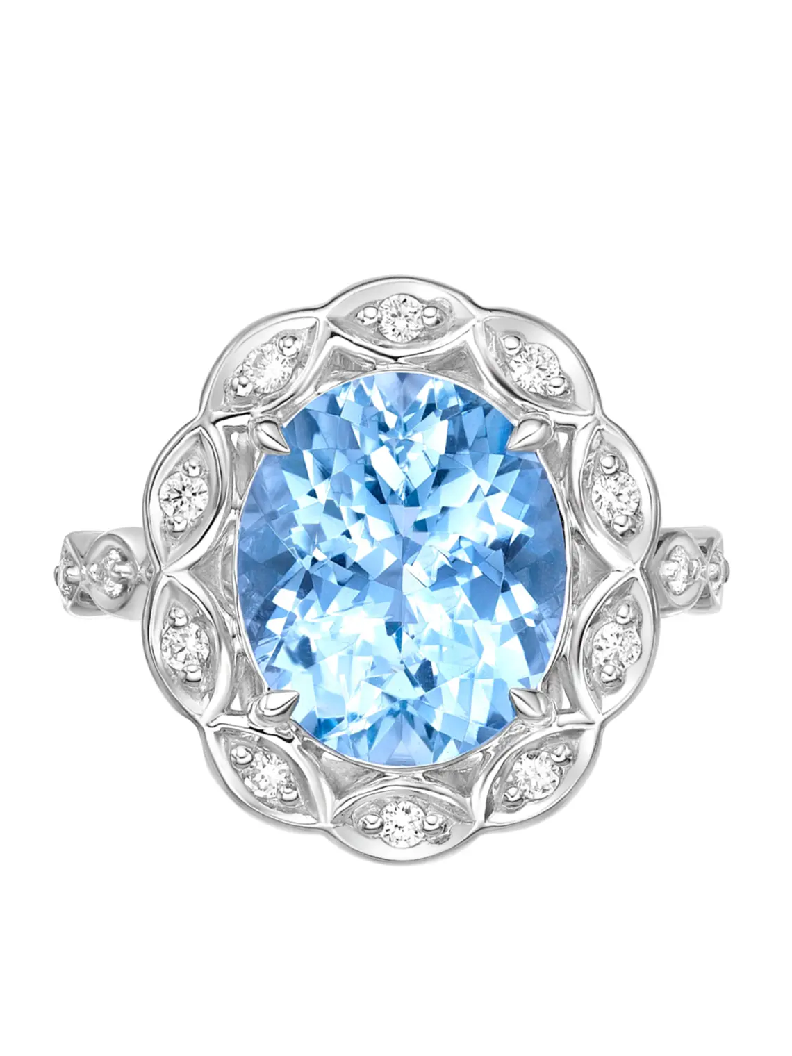 Gran Maxi Anillo Aguamarina Ovalada y Diamantes en Oro Blanco 18K 1