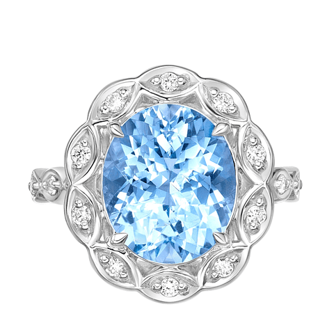 Gran Maxi Anillo Aguamarina Ovalada y Diamantes en Oro Blanco 18K