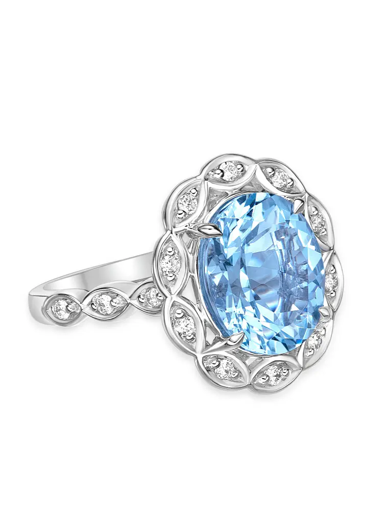 Gran Maxi Anillo Aguamarina Ovalada y Diamantes en Oro Blanco 18K 2
