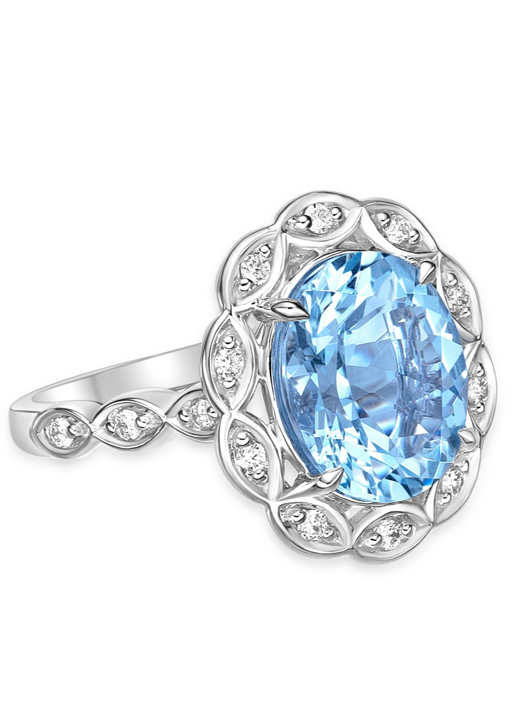 Gran Maxi Anillo Aguamarina Ovalada y Diamantes en Oro Blanco 18K 2