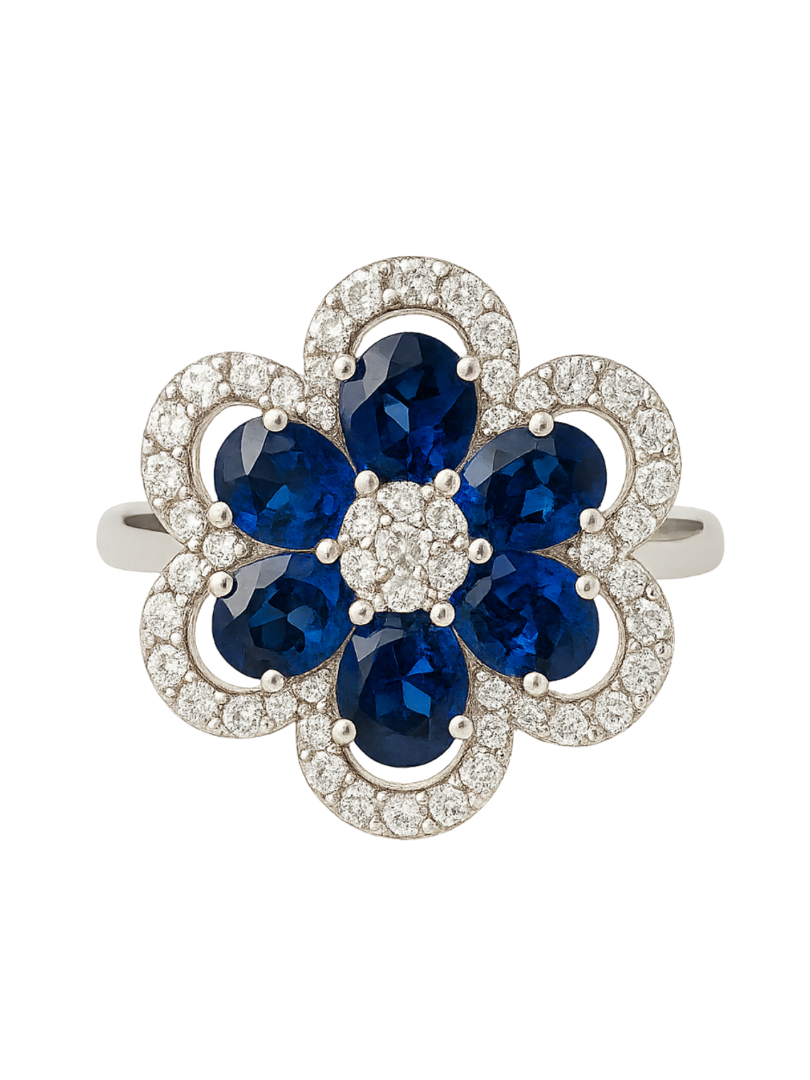 Anillo Gran Flor de Zafiros Azules y Diamantes en Oro Blanco 18K 1