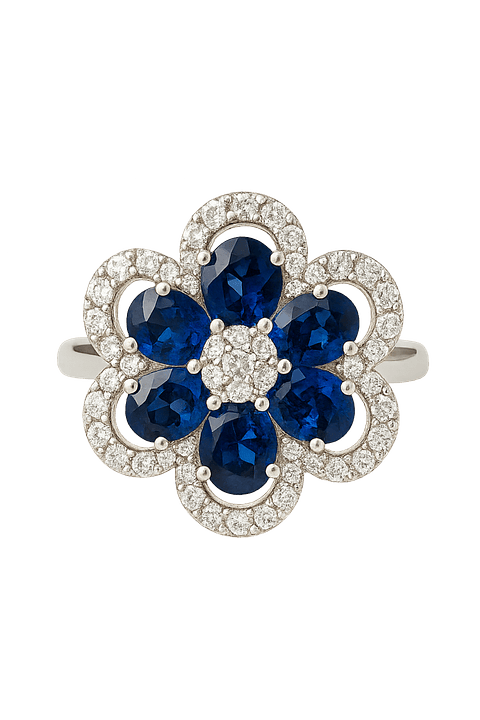 Anillo Gran Flor de Zafiros Azules y Diamantes en Oro Blanco 18K