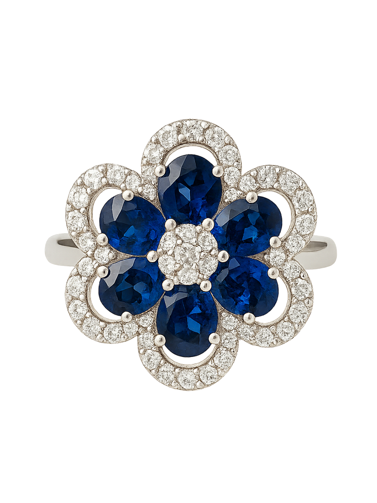 Anillo Gran Flor de Zafiros Azules y Diamantes en Oro Blanco 18K 1