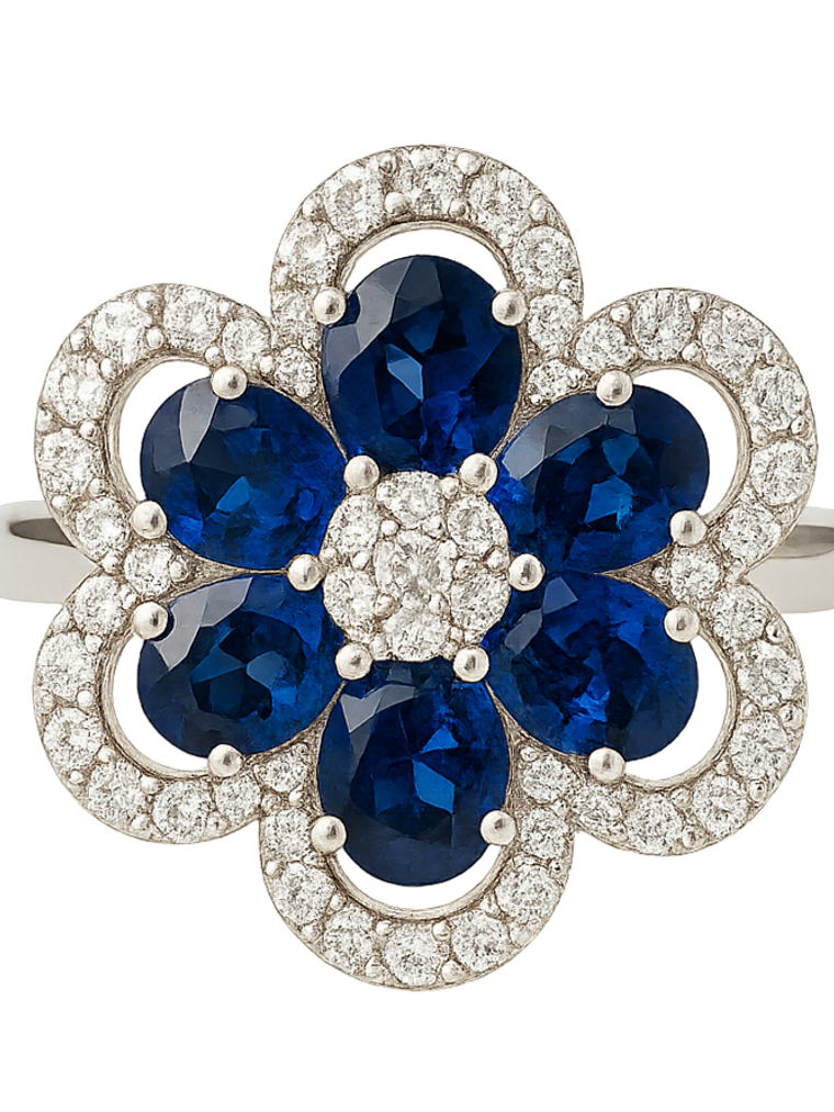 Anillo Gran Flor de Zafiros Azules y Diamantes en Oro Blanco 18K 1