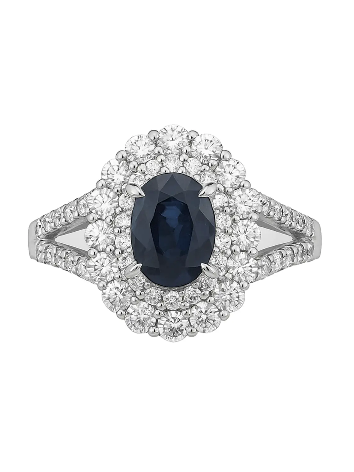Anillo Solitario Roseta Zafiro Azul Doble Halo de Diamantes Platino 1