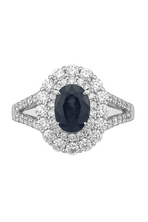 Anillo Solitario Roseta Zafiro Azul Doble Halo de Diamantes Platino