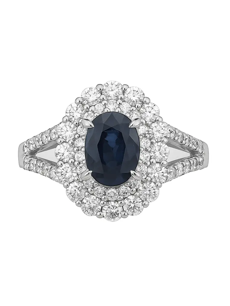 Anillo Solitario Roseta Zafiro Azul Doble Halo de Diamantes Platino 1
