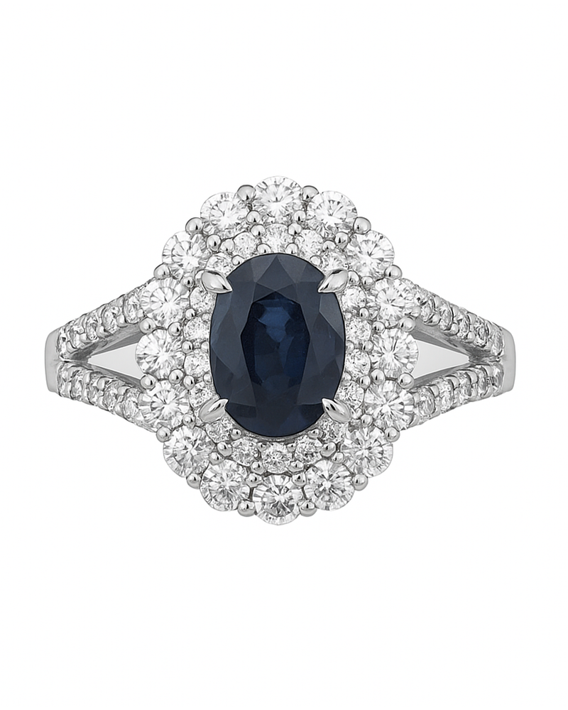 Anillo Solitario Roseta Zafiro Azul Doble Halo de Diamantes Platino