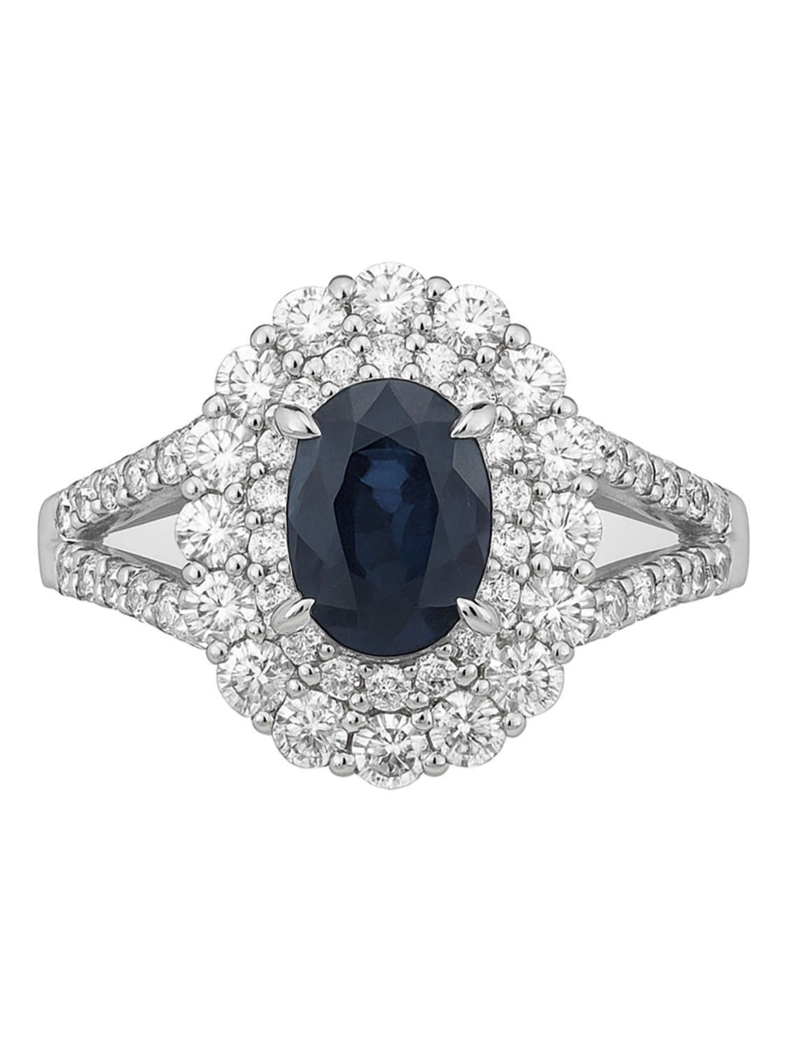 Anillo Solitario Roseta Zafiro Azul Doble Halo de Diamantes Platino 1