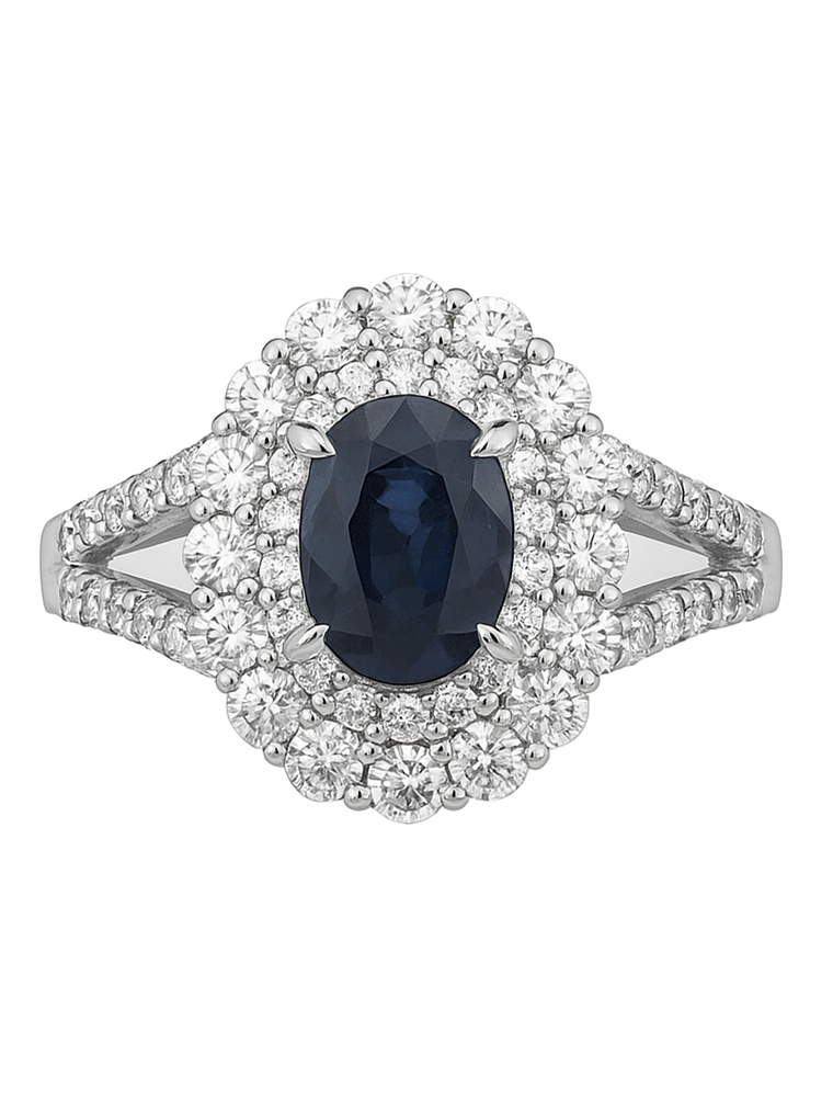 Anillo Solitario Roseta Zafiro Azul Doble Halo de Diamantes Platino 1