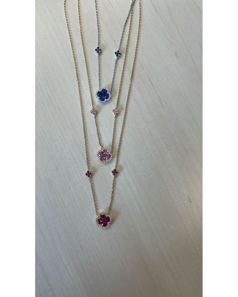 Collar Trébol Zafiros y Diamantes en Oro Blanco 18K