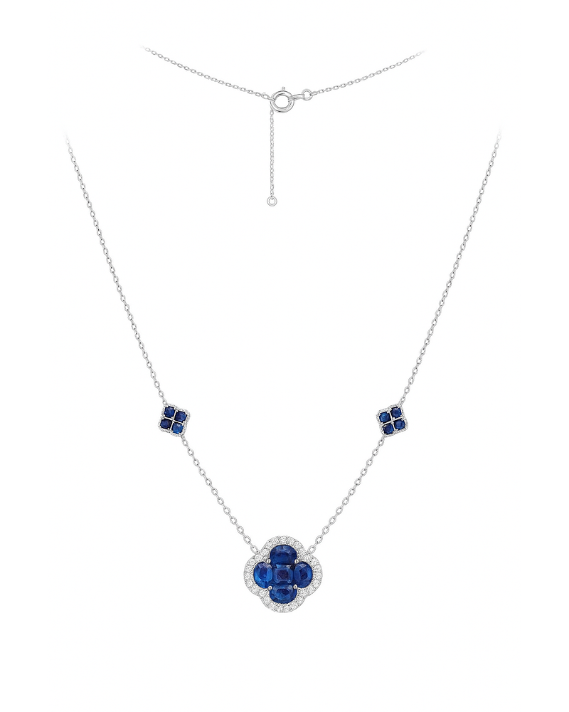 Collar Trébol Zafiros y Diamantes en Oro Blanco 18K