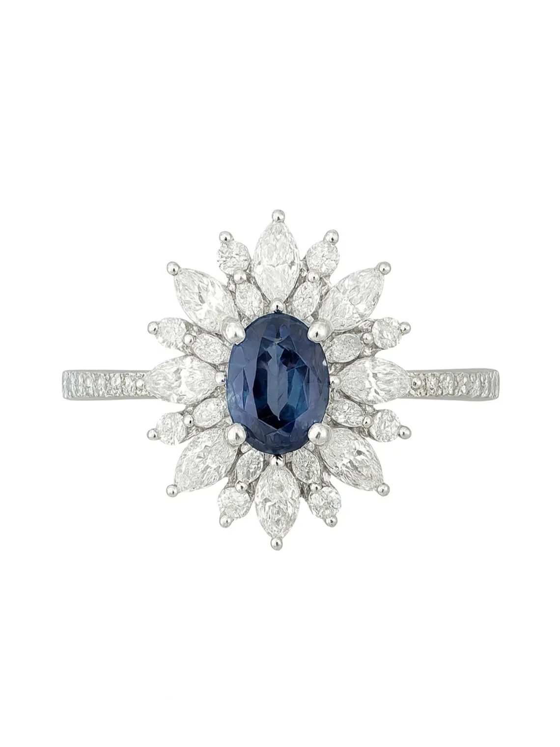 Anillo Solitario Zafiro Azul Doble Halo de Diamantes Marquise 1
