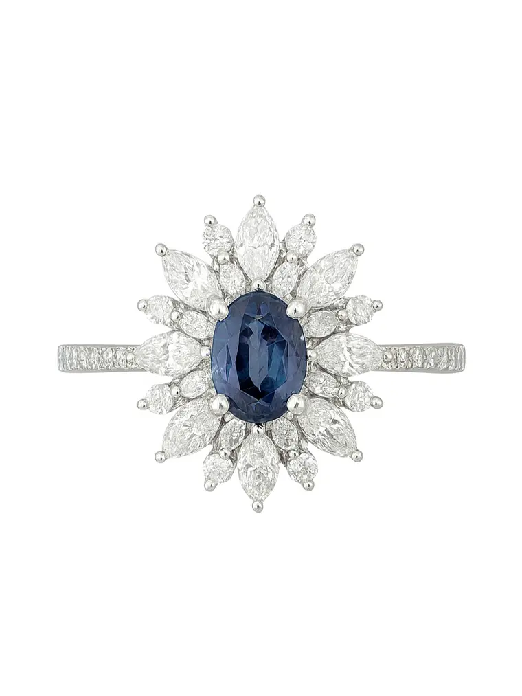 Anillo Solitario Zafiro Azul Doble Halo de Diamantes Marquise 1