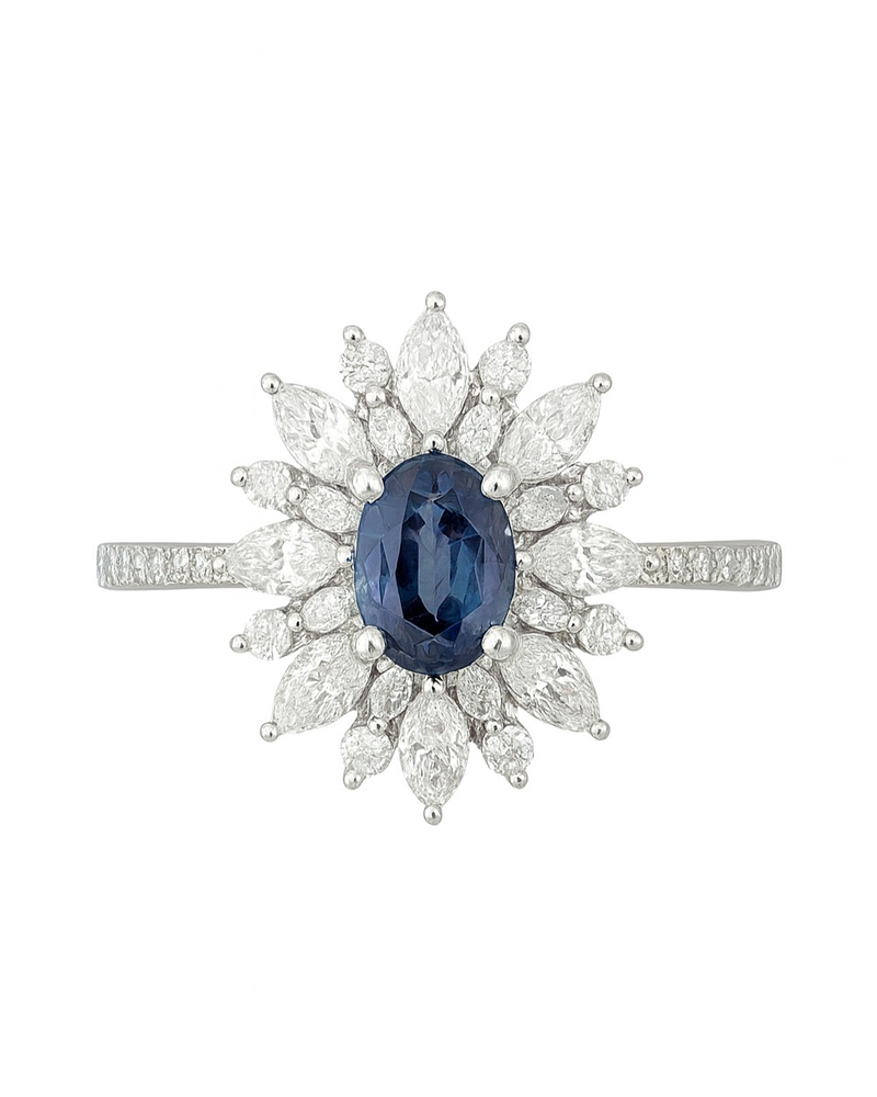 Anillo Solitario Zafiro Azul Doble Halo de Diamantes Marquise