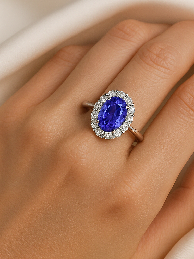 Espectacular Anillo Gran Tanzanita Ovalada con Halo de Brillantes en Platino 2