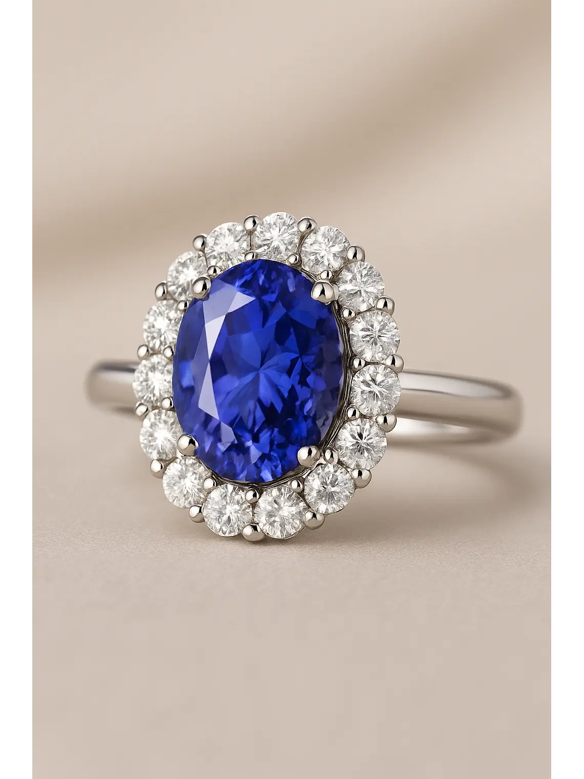 Espectacular Anillo Gran Tanzanita Ovalada con Halo de Brillantes en Platino 3