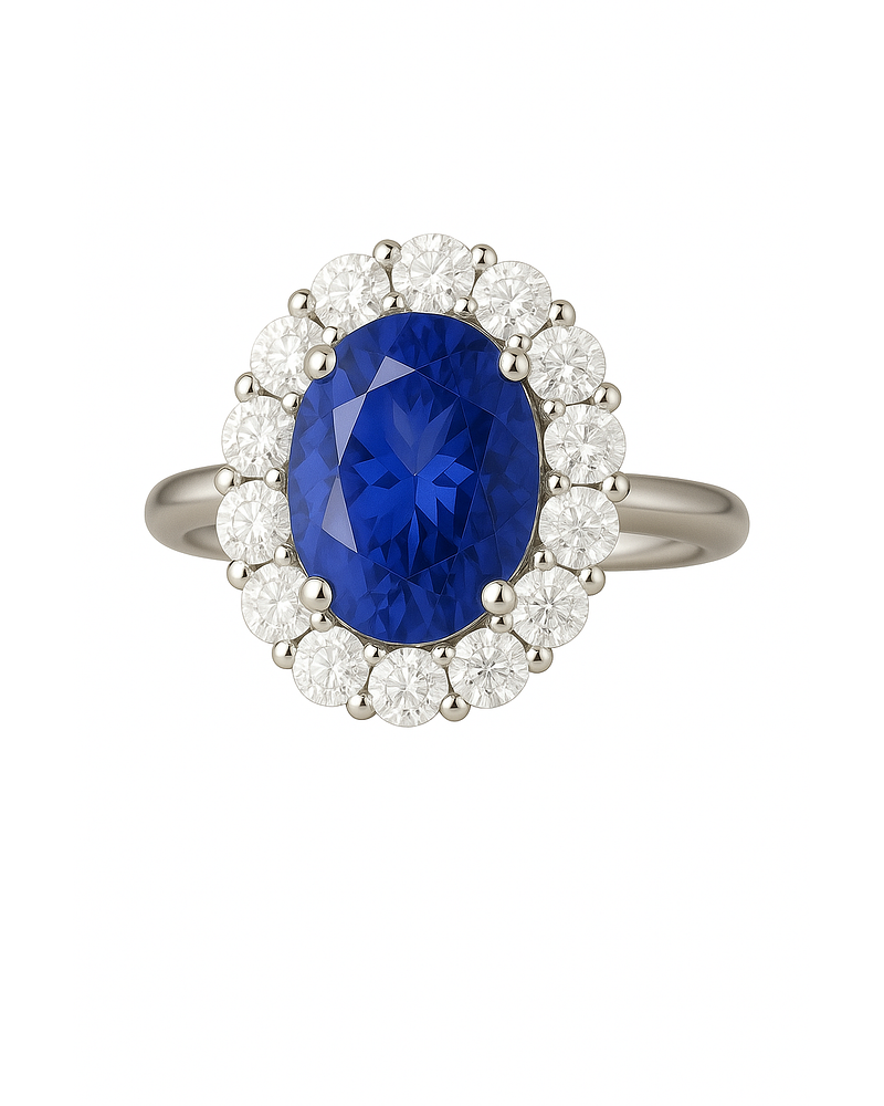 Espectacular Anillo Gran Tanzanita Ovalada con Halo de Brillantes en Platino