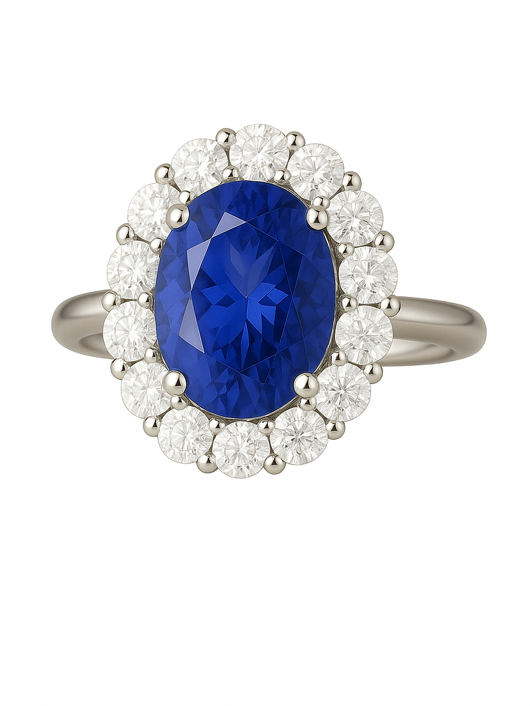 Espectacular Anillo Gran Tanzanita Ovalada con Halo de Brillantes en Platino 1