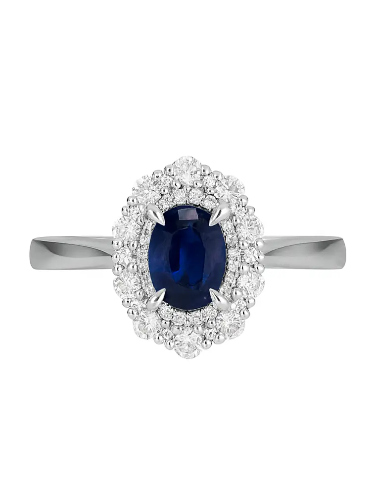 Anillo Solitario Zafiro Azul Doble Halo de Diamantes  1