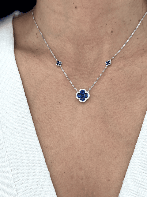 Collar Trébol Zafiros y Diamantes en Oro Blanco 18K