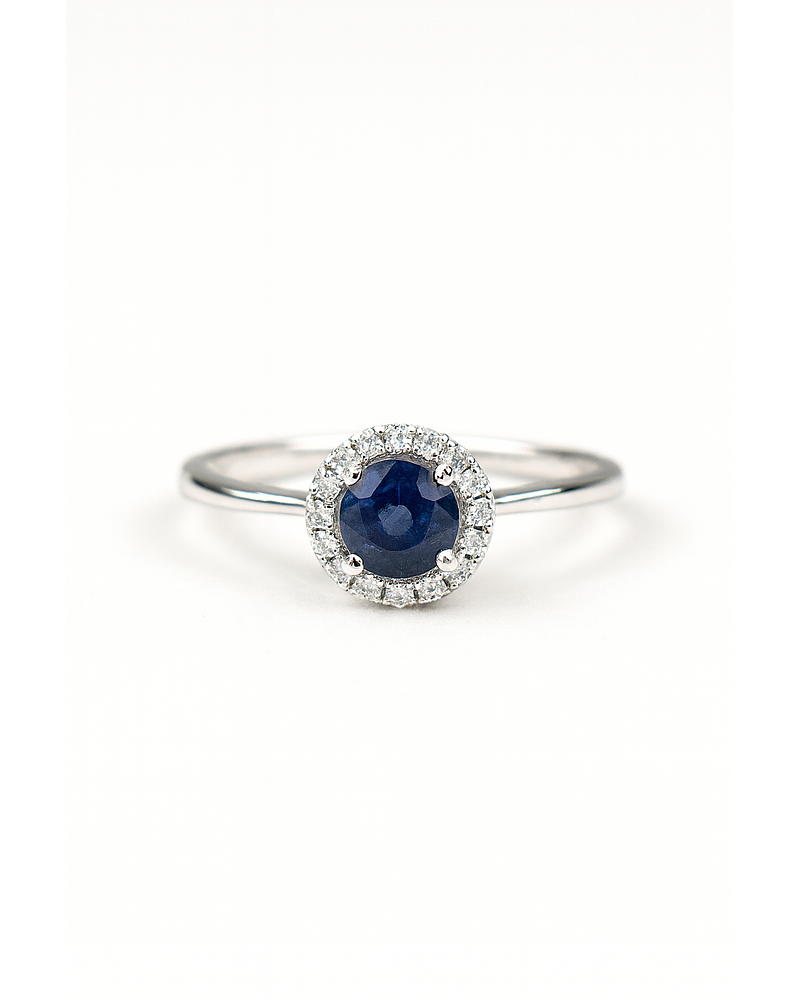 Moderno Anillo Zafiro Azul Halo de Diamantes Oro Blanco 18K
