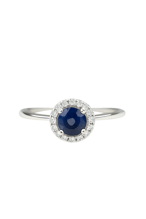 Moderno Anillo Zafiro Azul Halo de Diamantes Oro Blanco 18K