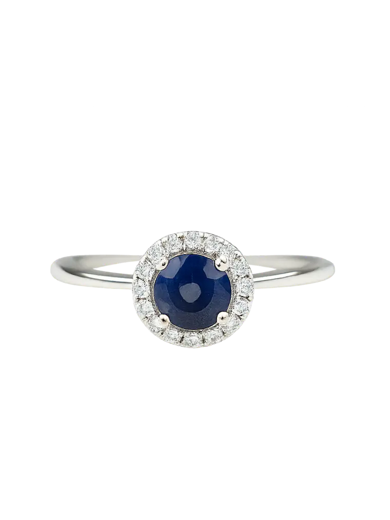 Moderno Anillo Zafiro Azul Halo de Diamantes Oro Blanco 18K 1
