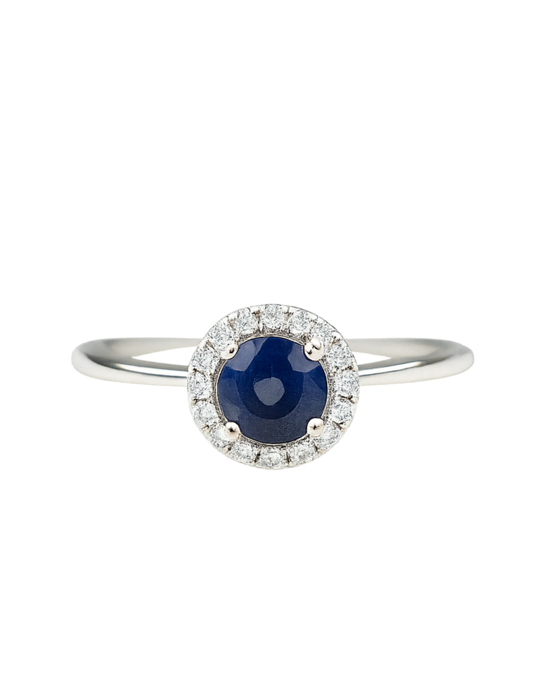 Moderno Anillo Zafiro Azul Halo de Diamantes Oro Blanco 18K