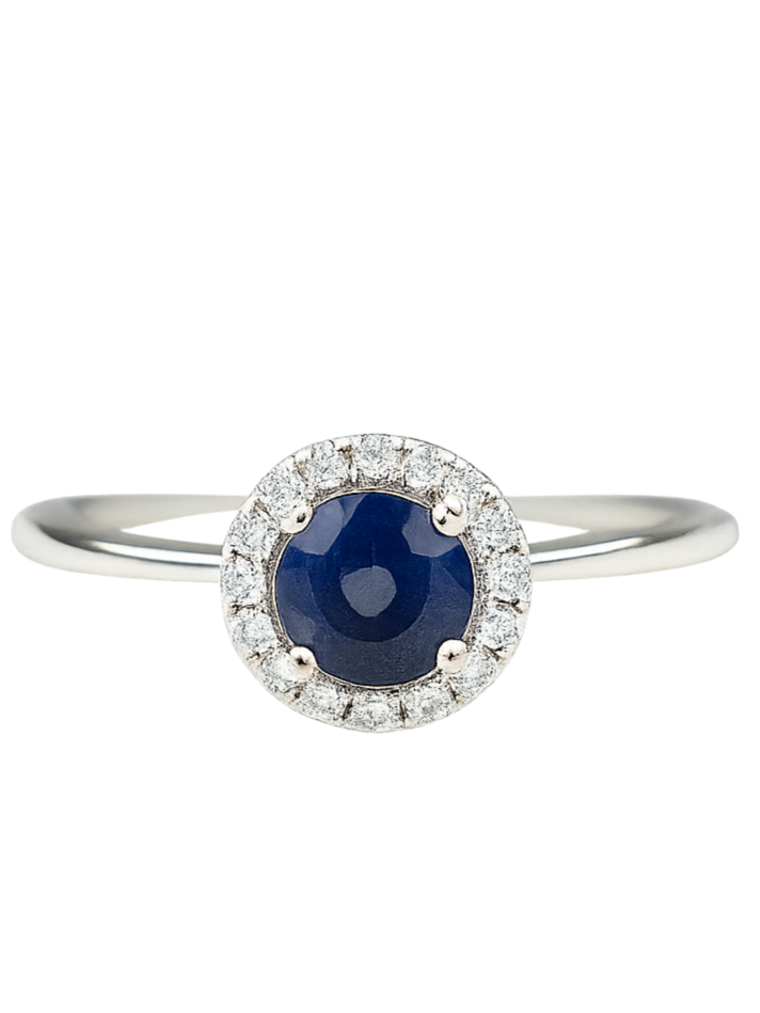 Moderno Anillo Zafiro Azul Halo de Diamantes Oro Blanco 18K 1