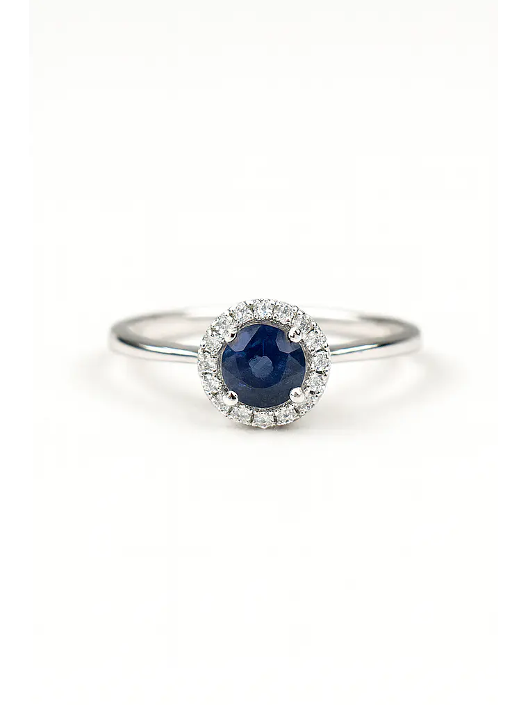 Moderno Anillo Zafiro Azul Halo de Diamantes Oro Blanco 18K 4