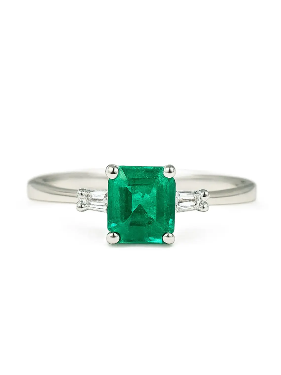 Anillo Solitario Esmeralda Diamantes Baguette Oro Blanco 18K 1