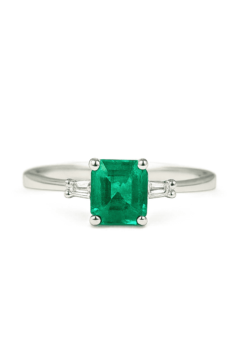 Anillo Solitario Esmeralda Diamantes Baguette Oro Blanco 18K