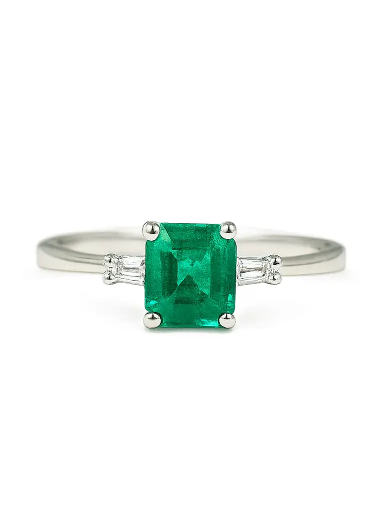 Anillo Solitario Esmeralda Diamantes Baguette Oro Blanco 18K 1