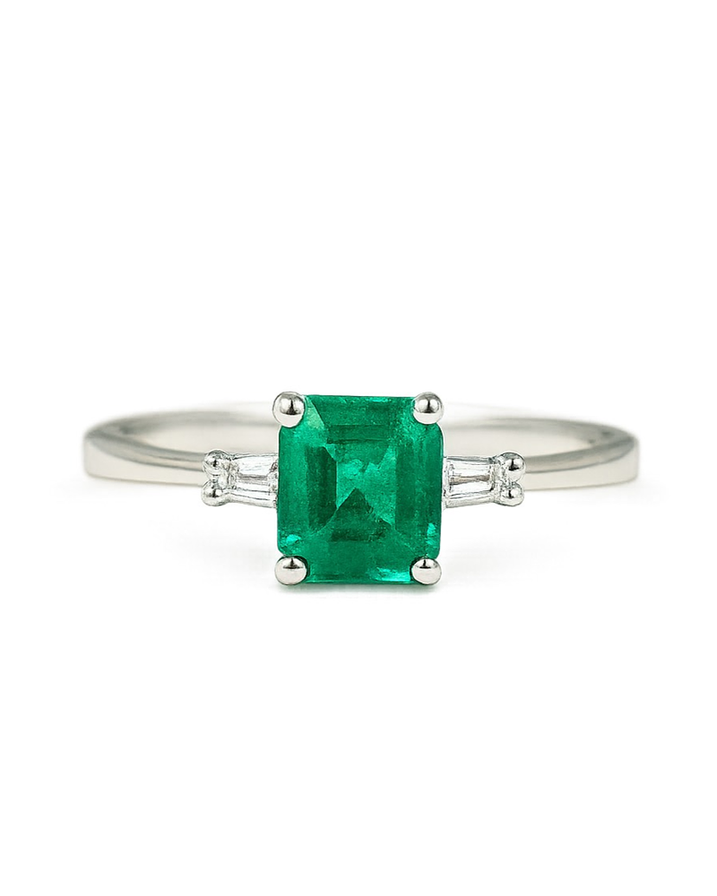 Anillo Solitario Esmeralda Diamantes Baguette Oro Blanco 18K