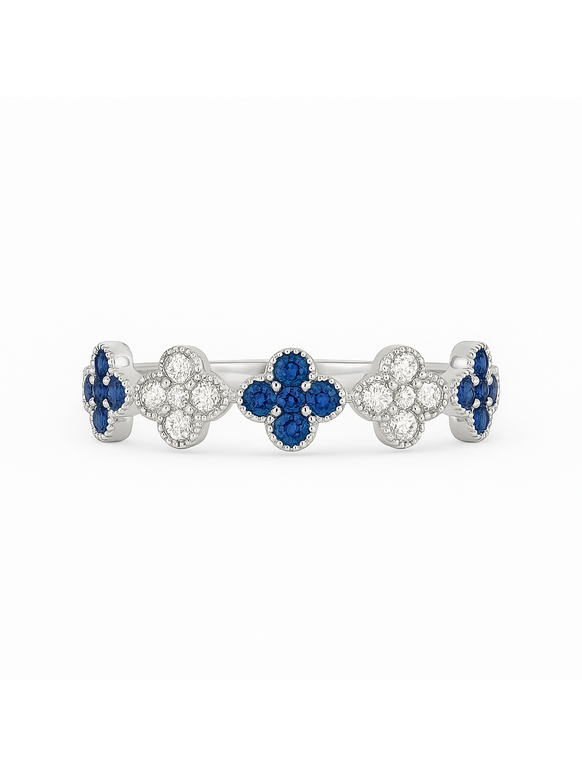 Anillo Cintillo Tréboles Zafiros y Diamantes Oro Blanco 18K 1