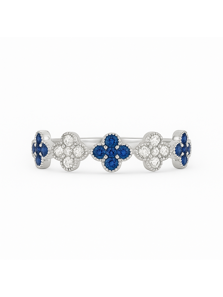 Anillo Cintillo Tréboles Zafiros y Diamantes Oro Blanco 18K 1