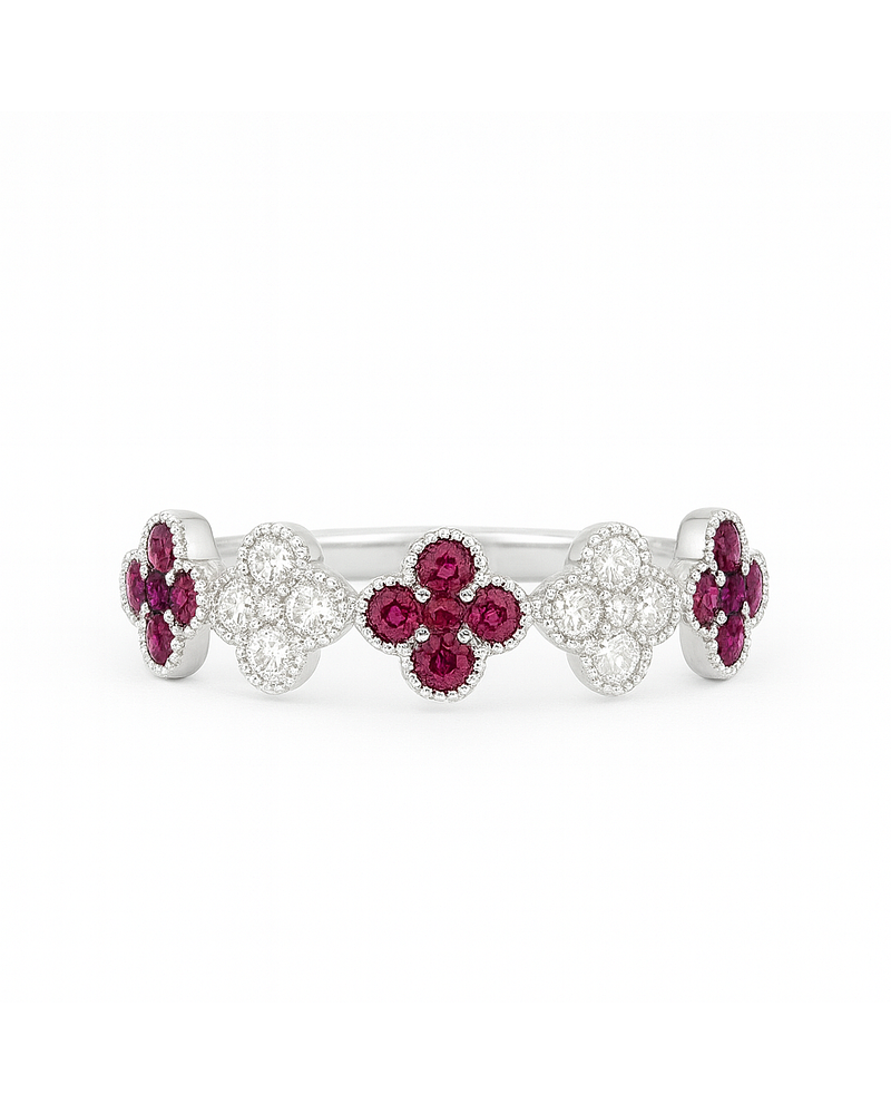 Anillo Cintillo Tréboles Rubí y Diamantes Oro Blanco 18K