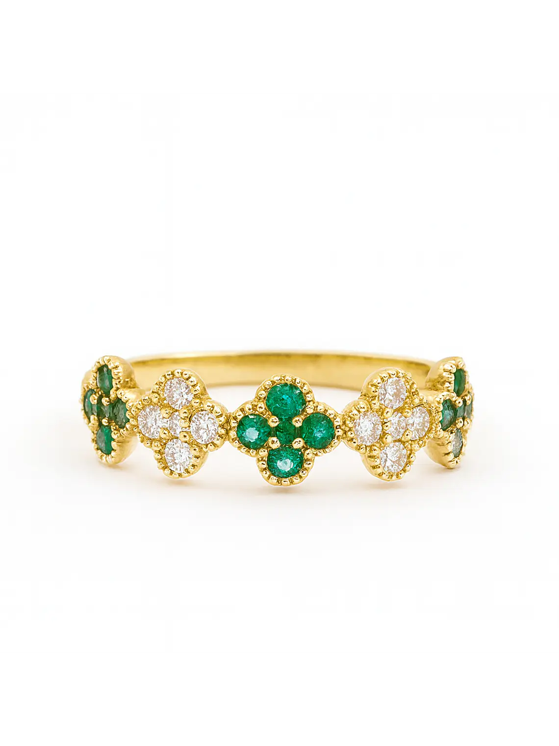 Anillo Cintillo Tréboles Esmeralda y Diamantes Oro Amarillo 18K 1