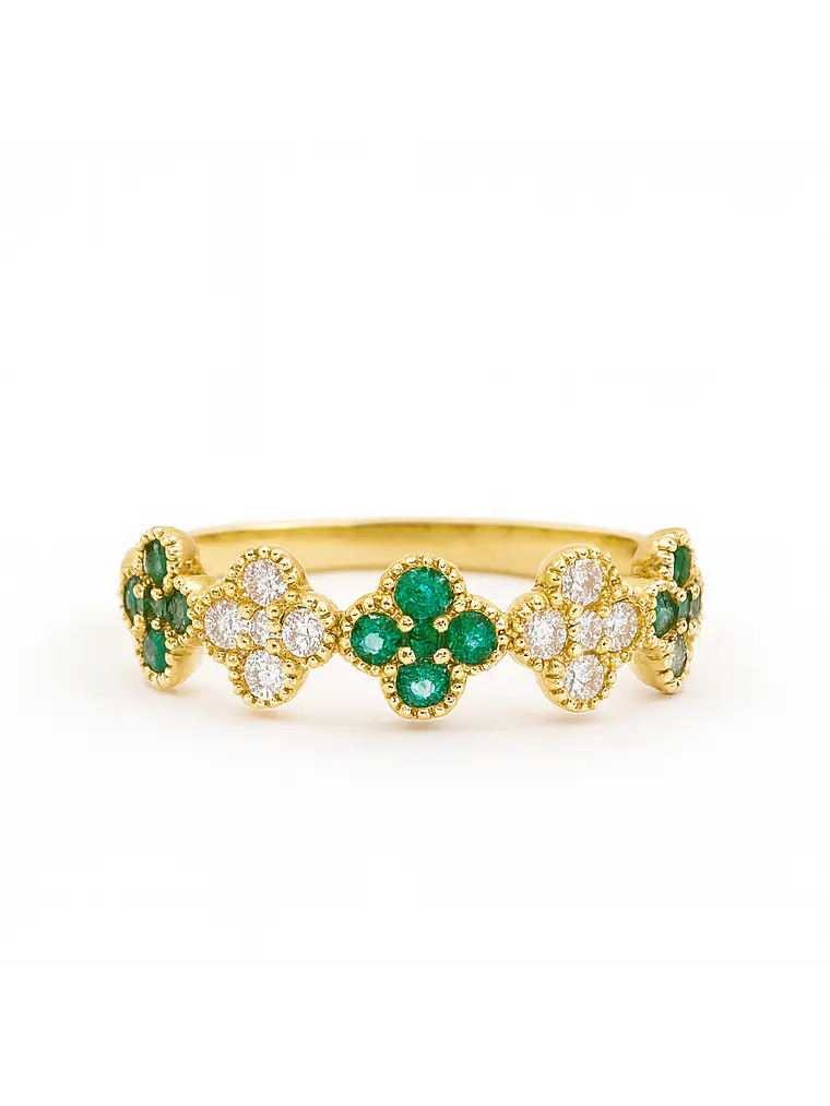 Anillo Cintillo Tréboles Esmeralda y Diamantes Oro Amarillo 18K 1