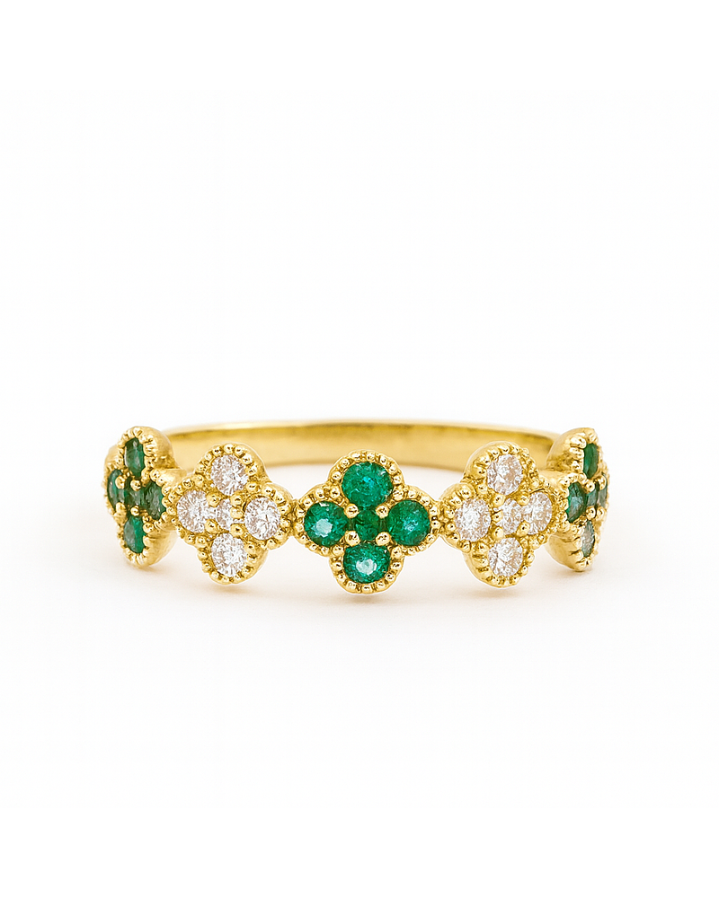 Anillo Cintillo Tréboles Esmeralda y Diamantes Oro Amarillo 18K